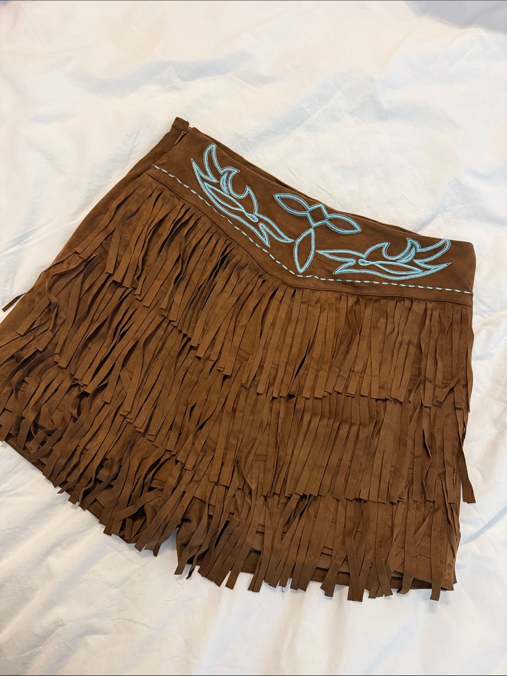 Lucky & Blessed Brown Faux Suede Fringe Mini Skort with Turquoise Stitching